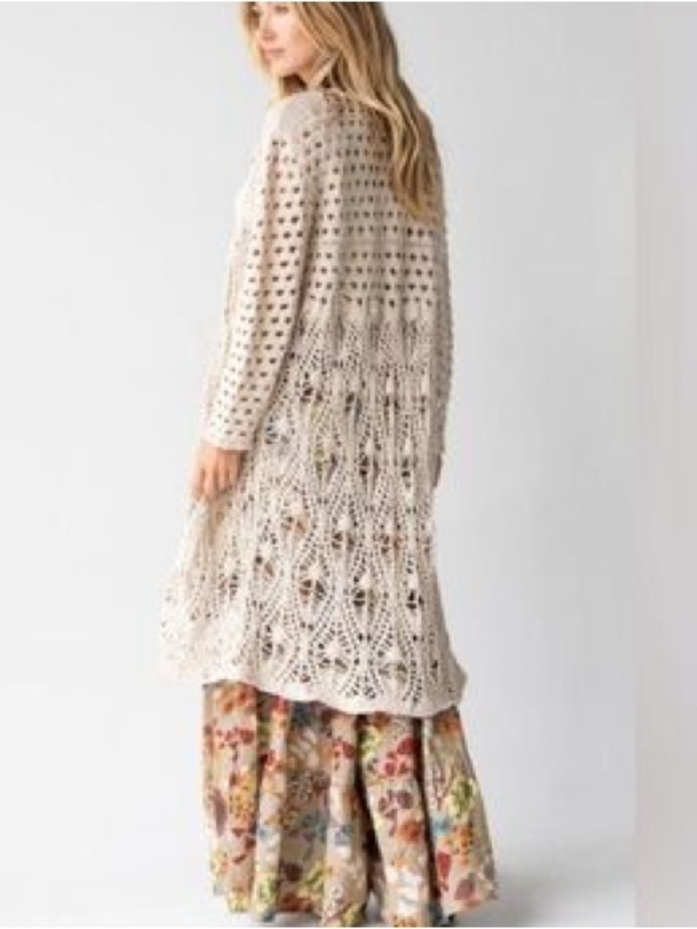 Natural Life Beige Openwork Crochet Long Cardigan Sweater Boho Festival XL